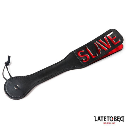 Double Layers Paddle SLAVE 32 cm by Latetobed, black PU paddle with red accents, ideal for BDSM play, showing strong design and durability.