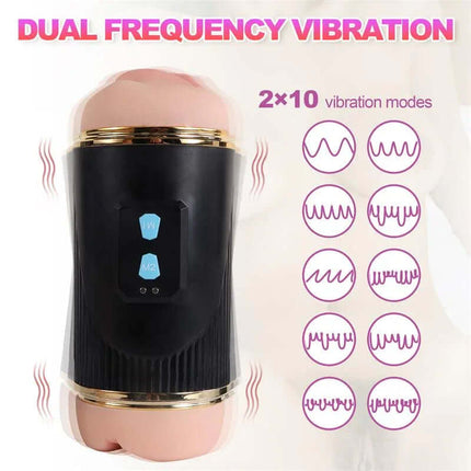 Double Male Masturbator Pussy and Mouth Kay with dual frequency vibration and adjustable modes for varied sensations.