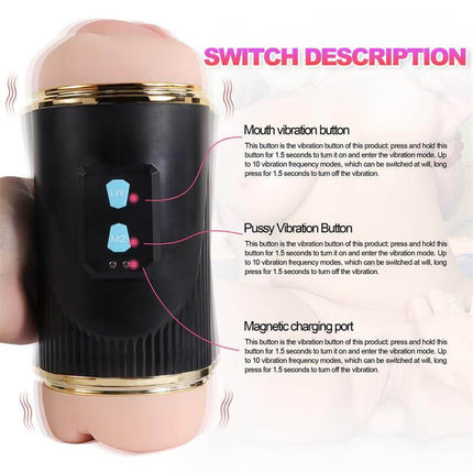 Double Male Masturbator Pussy and Mouth Kay with dual vibration buttons and magnetic charging port