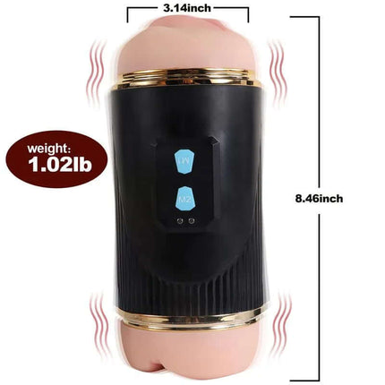 Double Male Masturbator Pussy and Mouth Kay with dual openings and vibration options, dimensions labeled for reference.