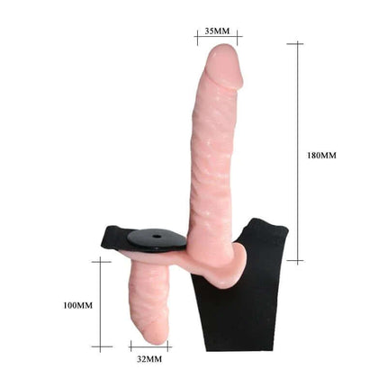 Double Penetration Strap-on Flesh with vibrating dildo and vaginal plug dimensions shown.