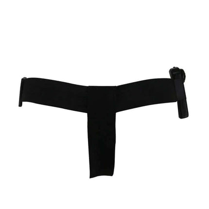 Double Penetration Strap-on Flesh harness viewed from the front, showcasing its sleek black design and adjustable straps.