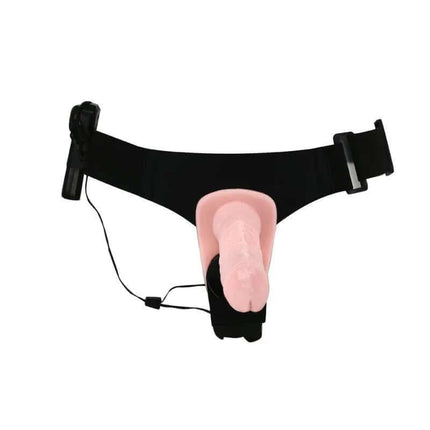 Double Penetration Strap-on Flesh with vibrating dildo and vaginal plug for hands-free stimulation.
