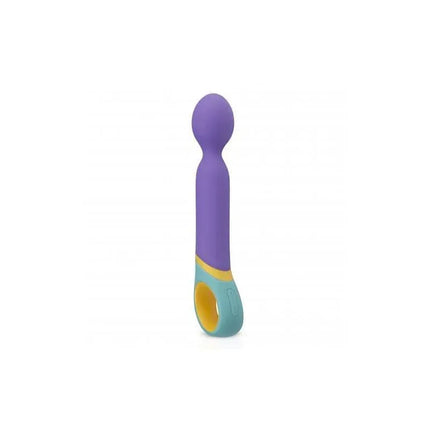 Purple and yellow Double Stimulation Base USB vibrator with flexible head for pleasure and customizable vibration functions.