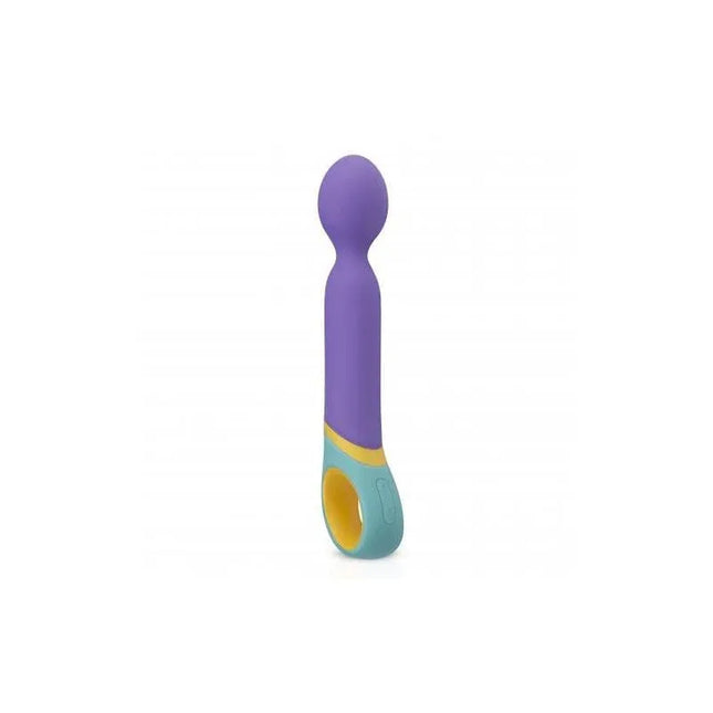 Purple and yellow Double Stimulation Base USB vibrator with flexible head for pleasure and customizable vibration functions.