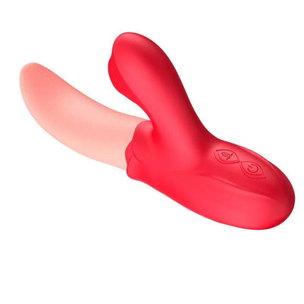 Double Stimulator Crazy Tongue and Pulsation, red and pink female stimulator with vibrating tongue.