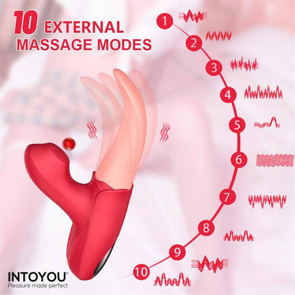 Double Stimulator Crazy Tongue and Pulsation with 10 external massage modes in red, ideal for enhancing sensual experiences.