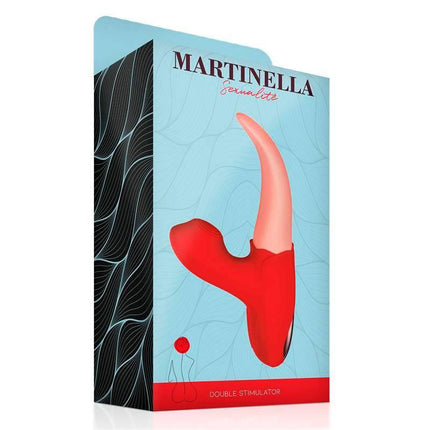 Packaging of Martinella Double Stimulator Crazy Tongue and Pulsation in red with unique design and 10 vibration modes.