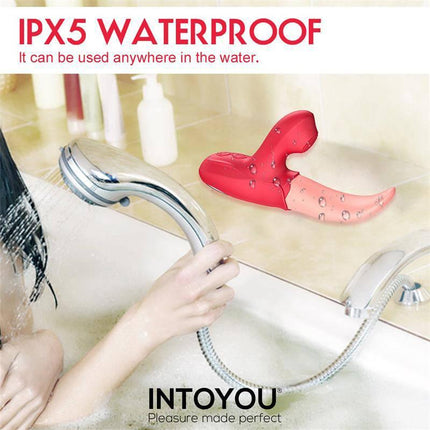 Waterproof Double Stimulator Crazy Tongue and Pulsation resting by shower, showcasing its versatility and functionality in wet conditions.