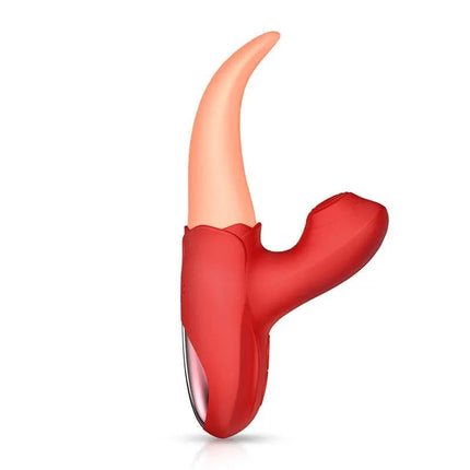 Double Stimulator Crazy Tongue and Pulsation in red, featuring an elongated semi-pointed design for personalized female stimulation.