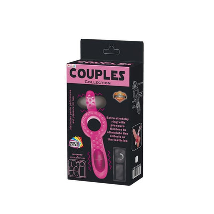 Double Vibrating Cock Ring Couple Collection Pink packaging box displaying product features and design for enhanced couple's pleasure.