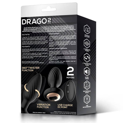 Packaging of Drago Butt Plug Vibration, 360º Twister Movement and Remote Control showing features and design.