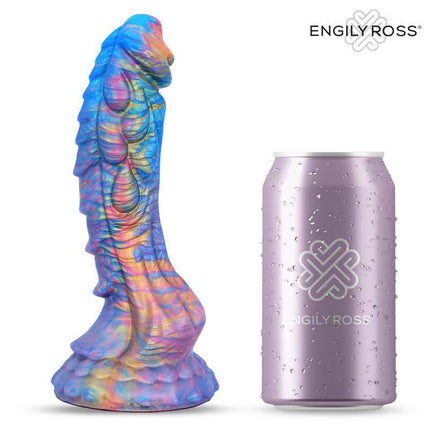Drakeon Liquid Silicone Dildo 18 cm in colorful dragon-inspired design next to a standard can for size comparison.