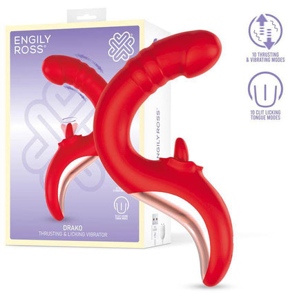 Drako Vibe Vibrator with thrusting shaft and licking tongue 360º in red, premium dual stimulation sex toy product display