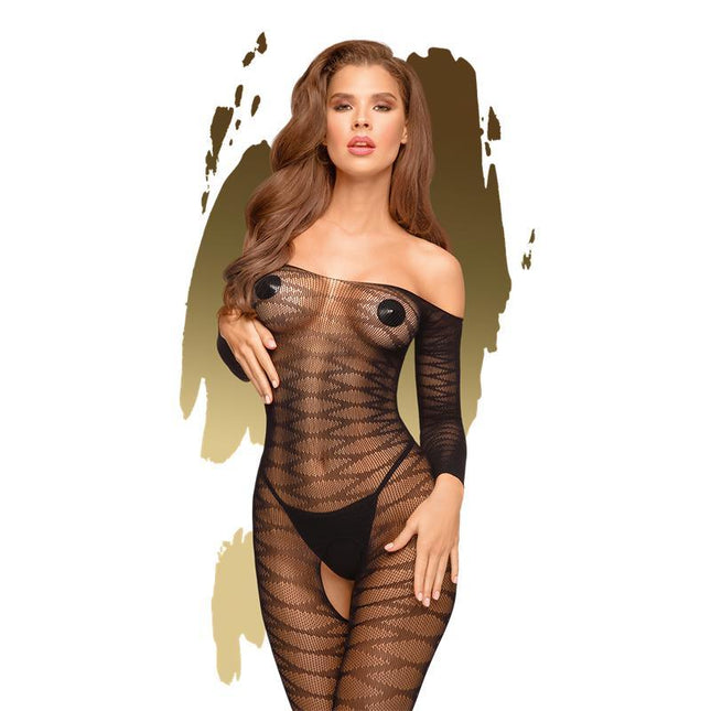 Dreamy Diva Bodystocking Black featuring open crotch and boat neckline, shown on female model, Penthouse collection, sizes S-L and XL available.