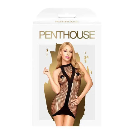 Dress Ride or Die Black from Penthouse - bold semi-transparent mini dress with fishnet design and solid black line, enhancing femininity.