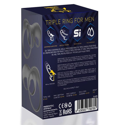 Packaging of Driade Triple Ring for Men Silicone showing product features and specifications