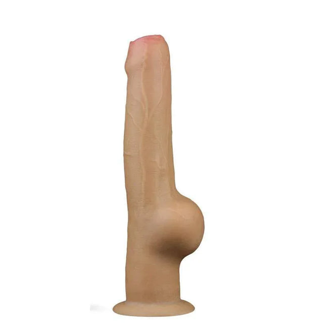 Dual Layered Dildo 11 with realistic design featuring lifelike glans and textured testicles, ideal for solo or shared pleasure.