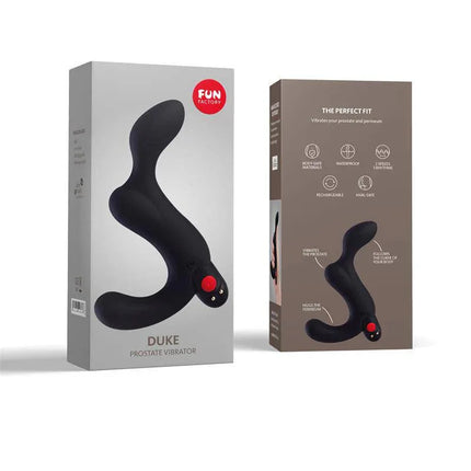 Duke Prostatic Vibrator Black packaging showcasing its curved design for optimal prostate and perineum stimulation.