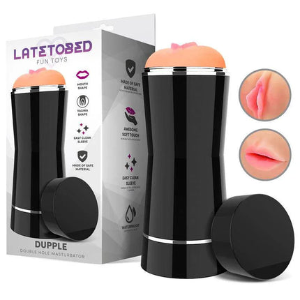 Dupple Double Hole Masturbator Vagina and Mouth with discreet black case and realistic entries, ideal for private or shared pleasure.