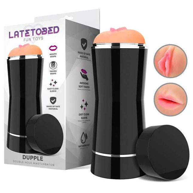 Dupple Double Hole Masturbator Vagina and Mouth with discreet black case and realistic entries, ideal for private or shared pleasure.