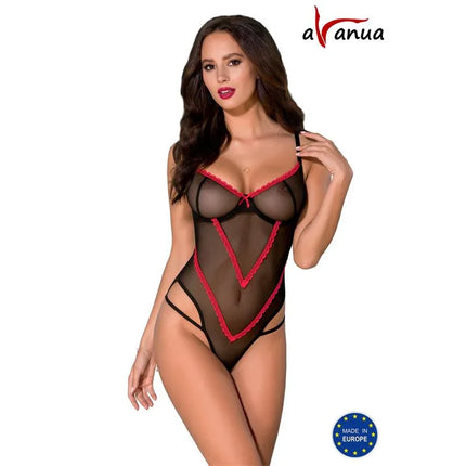 "Duru Body Black and Red lingerie with transparent design, red accents, and hip straps, available in various sizes, front view."
