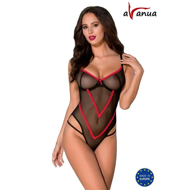 "Duru Body Black and Red lingerie with transparent design, red accents, and hip straps, available in various sizes, front view."