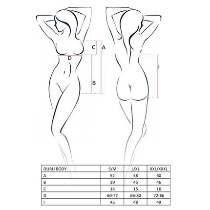 Size chart and measurements for Duru Body Black and Red with illustrations of silhouette and size dimensions.
