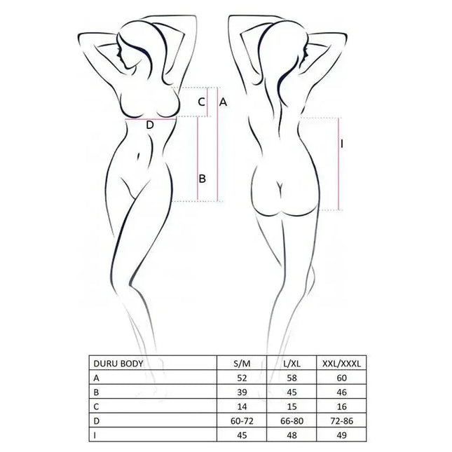 Size chart and measurements for Duru Body Black and Red with illustrations of silhouette and size dimensions.