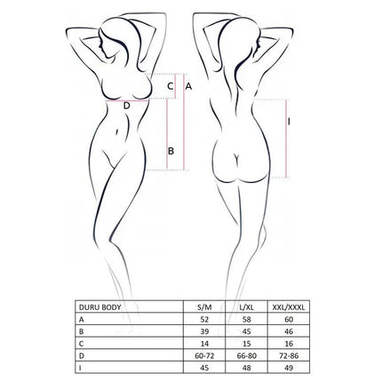 Size chart for Duru Body Black and Red showcasing dimensions for S/M, L/XL, and XXL/XXXL with illustrative figure diagram.