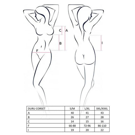 Size chart for DURU Corset Black/Red showing measurements for S/M, L/XL, XXL/XXXL sizes with silhouette illustration.