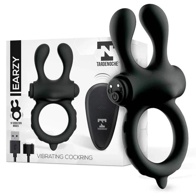 Earzy Vibrating Penis Ring with Remote Control USB Magnetic Silicone displayed in black with packaging and remote control.