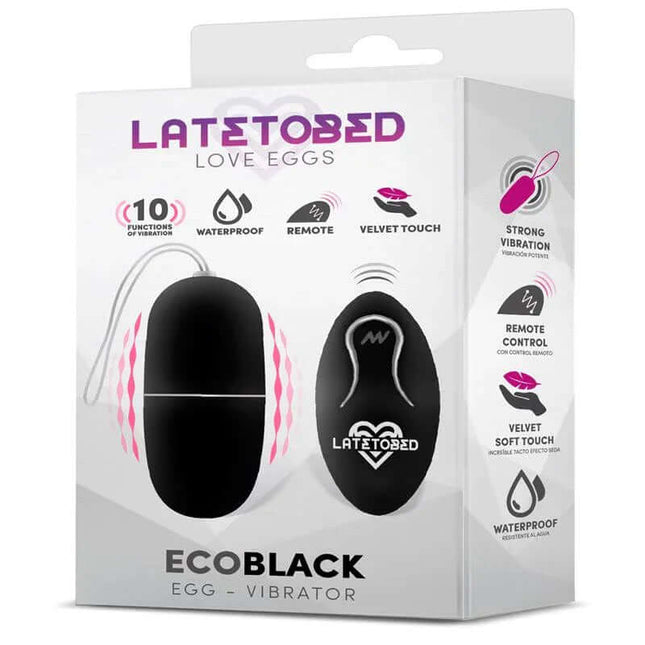 Ecoblack Vibrating Egg with Remote Control in packaging, featuring 10 vibration functions and waterproof design.