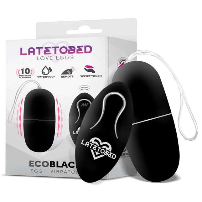 Ecoblack Vibrating Egg with Remote Control and packaging, featuring 10 vibration functions and waterproof design.