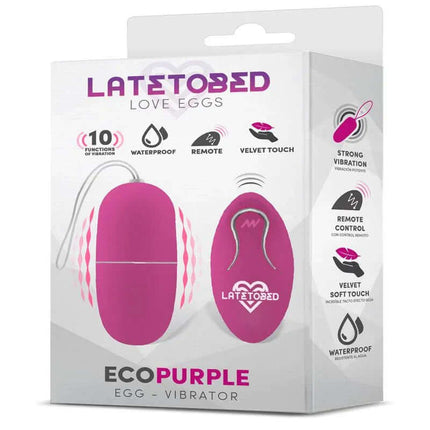 Ecopurple Vibrating Egg with Remote Control in packaging with 10 vibration functions and waterproof design for versatile use.