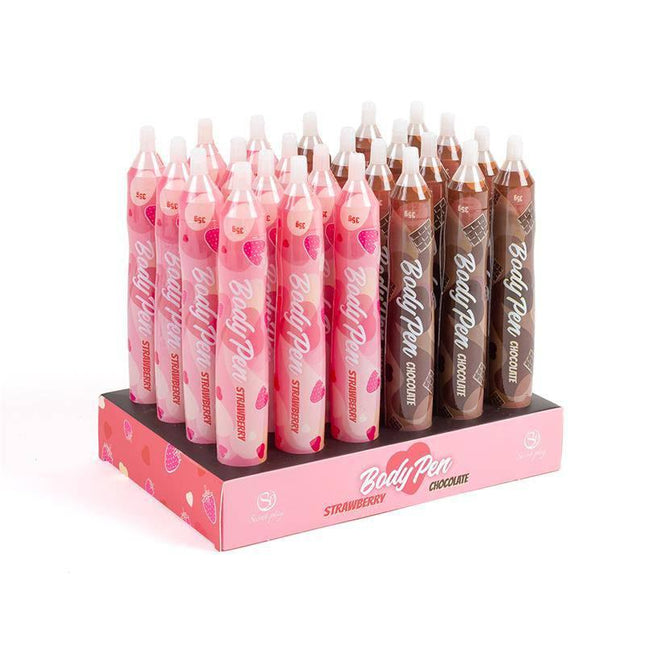 Edible Body Paint Pen Display 24 Units with strawberry and chocolate flavors for fun and creativity in intimate couples' moments.