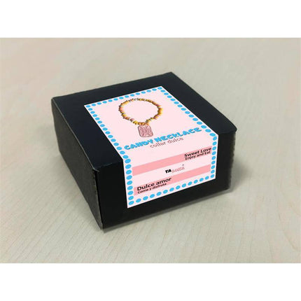 Edible Colar candy necklace in a black gift box with colorful label