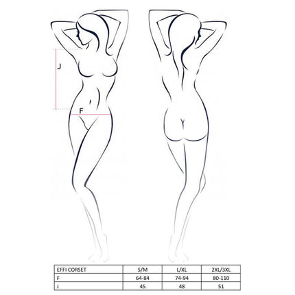 Effi Corset size chart illustration detailing body measurements for S/M, L/XL, and 2XL/3XL.
