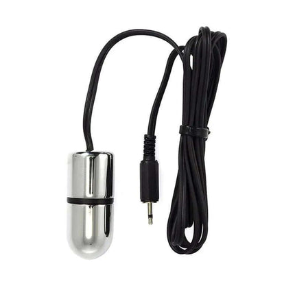 Egg Small Electro Shock bipolar stim device with cable, aluminum material, 2.5 cm compact size for vaginal or anal stimulation.