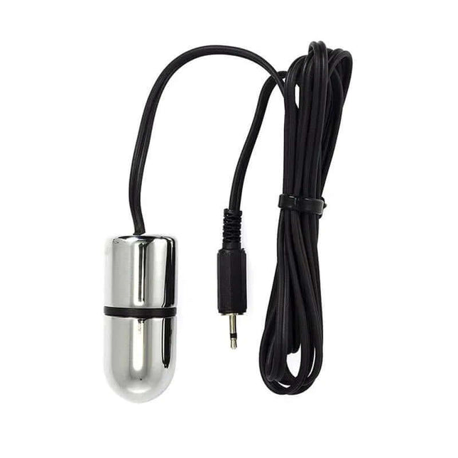 Egg Small Electro Shock bipolar stim device with cable, aluminum material, 2.5 cm compact size for vaginal or anal stimulation.