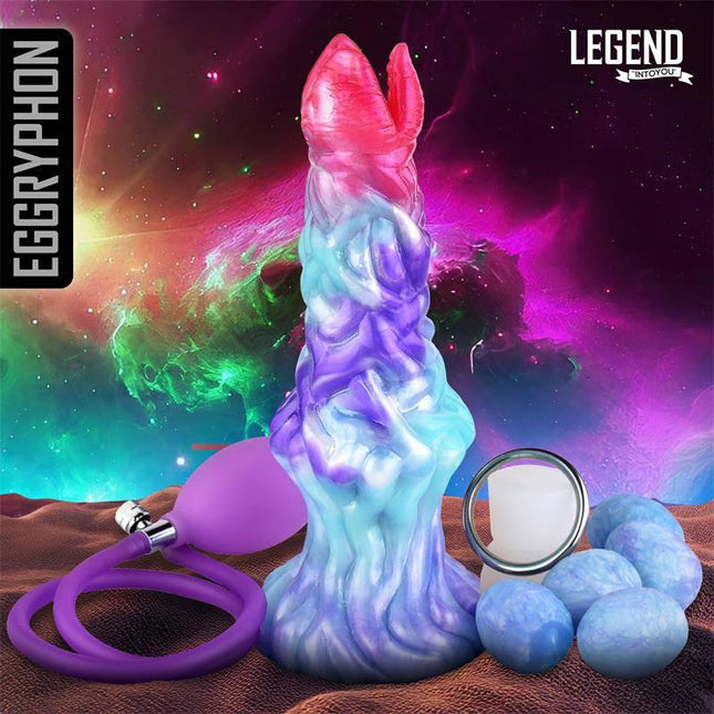 Eggryphon Ovipositor Dildo Liquid Silicone 20 cm with eggs and pump, fantasy design, colorful background