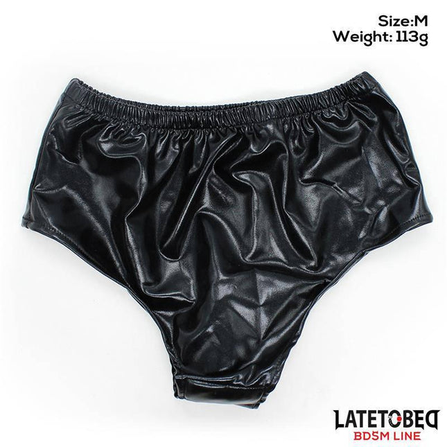 Elastic Briefs with Semi Realistic Dildo in black latex, size M, from Latetobed's BDSM Line, featuring built-in hands-free pleasure.
