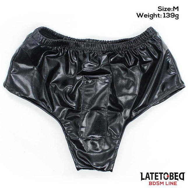 Elastic Panties with Vibrating Dildo One Size in black leather design, customizable stimulation, ideal for solo or couple use.