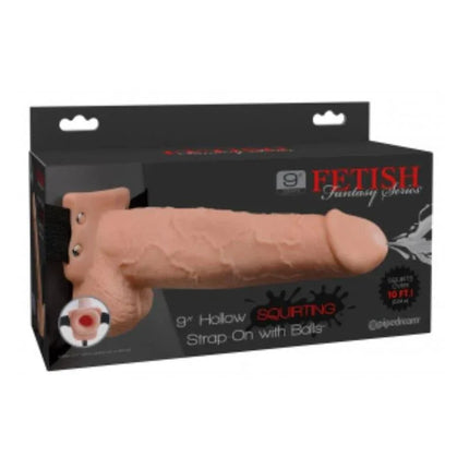 Elastic Strap-On with 9 Hollow Dildo Squirting Function Flesh packaging