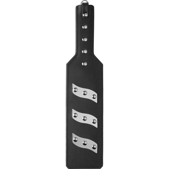 ElectraPaddle Leather Paddle with chromed steel contacts, premium BDSM electro spanking tool for enhanced sensation play.