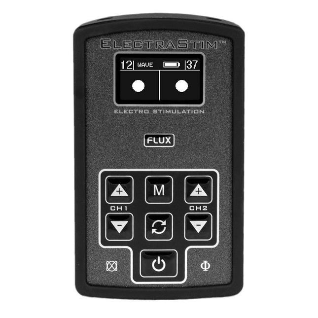 Electro Stimulation Kit FLUX device showcasing controls and dual output channels for versatile e-stim experiences.