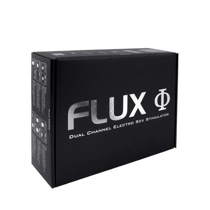 Electro Stimulation Kit FLUX packaging showcasing dual channel electro sex stimulator design with sleek black box.
