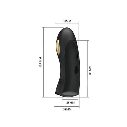 Electrostimulation Finger Sleeve Gold-Plated Design with dimensions and black silicone exterior.