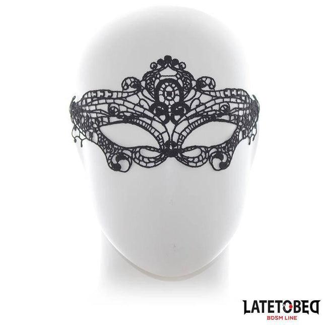 Elegant Mask Black lace design on mannequin, showcasing intricate elegance and versatility for casual, business, or evening wear.