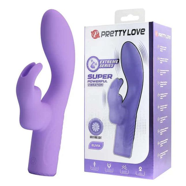 Elivia Vibe Lilac purple vibrator next to packaging, showcasing discreet design and 10 functions for precise G-spot stimulation and ambient light.